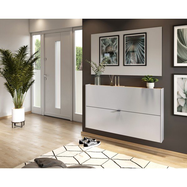 Krēmkrāsas atverams/piekarināms apavu plaukts ar ozolkoka imitāciju 140x83x18 cm Ameca – Germania-image-1