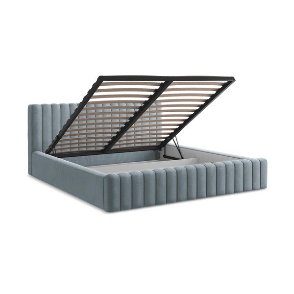 Gaiši zila polsterēta divvietīga gulta ar veļas kasti un redelēm 180x200 cm Lemi – Makamii-image-3