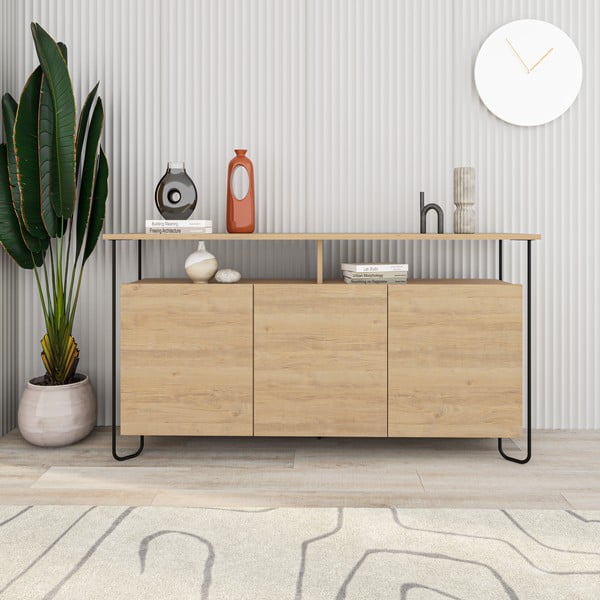 Dabīga toņa zema kumode ar ozolkoka imitāciju 130x80 cm Dilly – Marckeric-image-1