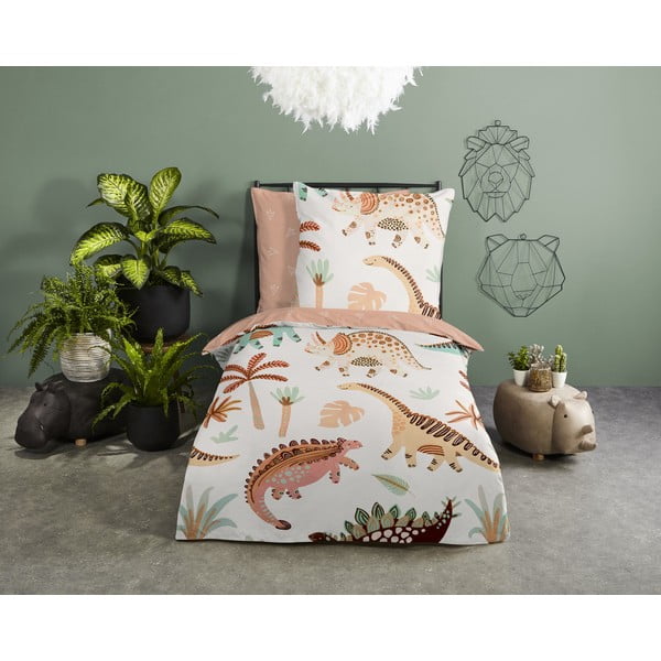 Brūna/bēša vienguļamā kokvilnas bērnu gultas veļa 140x200 cm Dino – Good Morning-image-1
