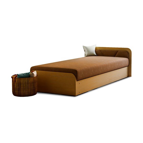 Okera dzeltena/brūna polsterēta/no skaidu plāksnēm vienvietīga gulta ar veļas kasti un ar matraci 80x190 cm Parys – ELTAP