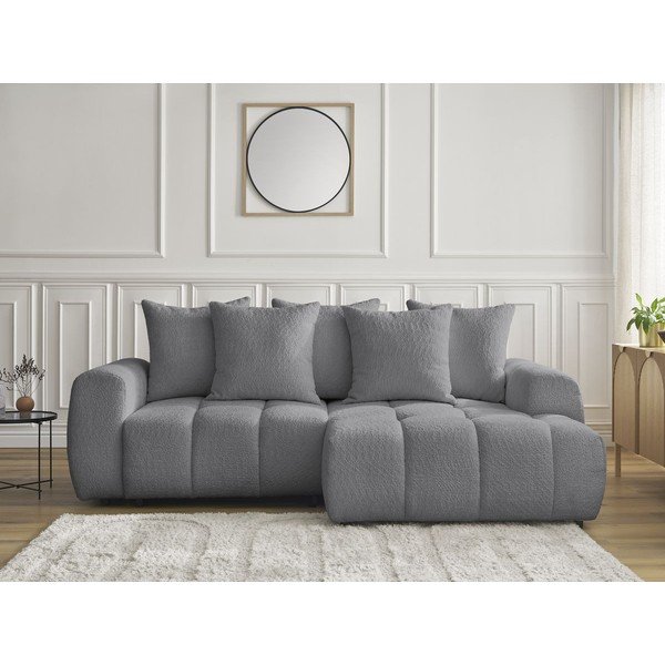 Pelēks salokāms stūra dīvāns no buklē auduma ar uzglabāšanas vietu (ar labo stūri/ar zvilni) Roxelane – Bobochic Paris-image-1