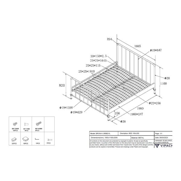 Zaļa metāla divvietīga gulta ar redelēm 160x200 cm BRONXX – Vipack-image-4
