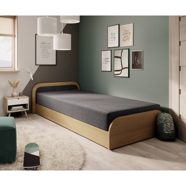 Okera dzeltena/tumši pelēka polsterēta/no skaidu plāksnēm vienvietīga gulta ar veļas kasti un ar matraci 80x190 cm Parys – ELTAP-image-1