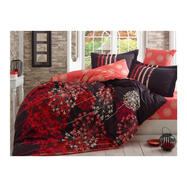 Sarkana kokvilnas satīna gultasveļa ar palagu divguļamai gultai Fiorella, 200 x 220 cm