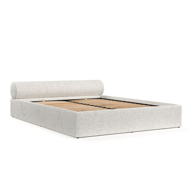 Krēmkrāsas polsterēta divvietīga gulta ar veļas kasti un redelēm 200x200 cm Solvo – Maison de Rêve