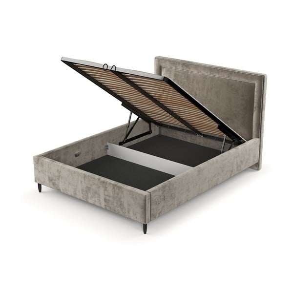 Bēša polsterēta divvietīga gulta ar veļas kasti un redelēm 140x200 cm Baleine – Maison de Rêve-image-4