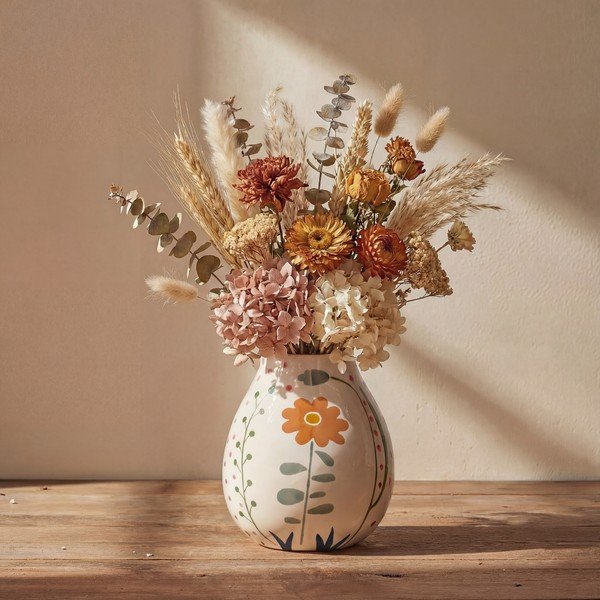 Krēmkrāsas māla ar rokām apgleznota vāze (augstums 17 cm) Taza – Bloomingville-image-1