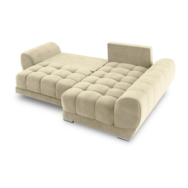 Bēšs samta izvelkamais stūra dīvāns ar veļas kasti Windsor & Co Sofas Nuage, labais stūris-image-4