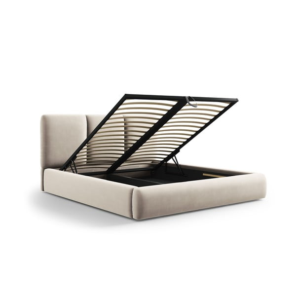 Krēmkrāsas samta polsterēta divvietīga gulta ar veļas kasti un redelēm 160x200 cm Brody – Mazzini Beds-image-3