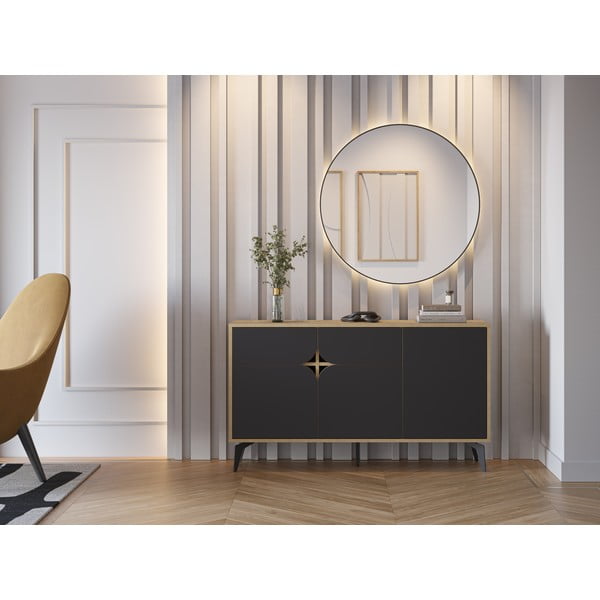 Melna/dabīga toņa zema kumode ar ozolkoka imitāciju 140x79 cm Nola – Marckeric-image-1