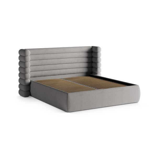 Pelēka polsterēta divvietīga gulta ar veļas kasti un redelēm 200x200 cm Mount – Micadoni -image-3