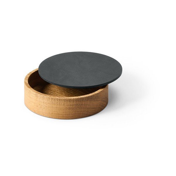 Antracīta pelēka/dabīga toņa dekoratīva koka/ekoloģiskās ādas uzglabāšanas kaste ar vāku ø 11x3,5 cm Circle Nupo – LIND DNA-image-1