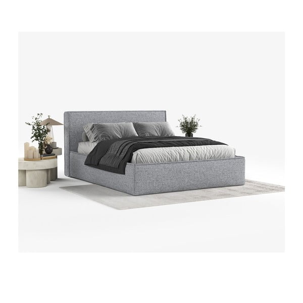 Pelēka polsterēta divvietīga gulta ar veļas kasti ar redelēm 160x200 cm Lounge L – Maison de Rêve-image-1