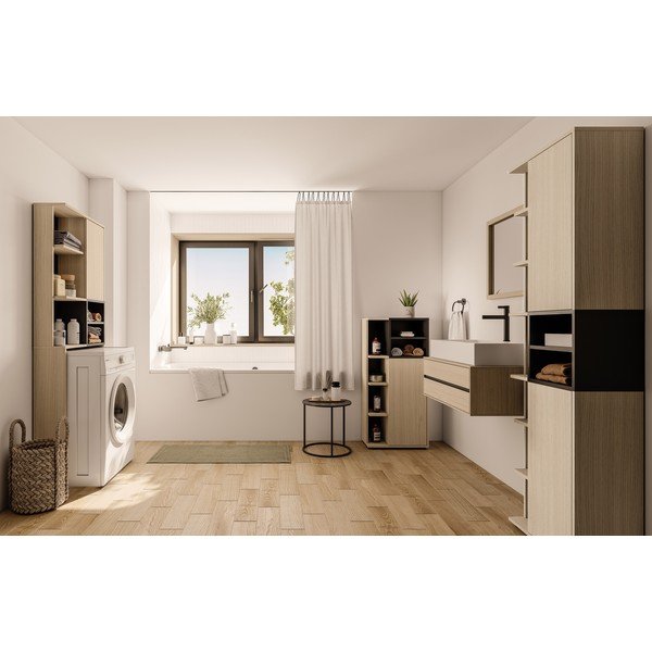 Melns augsts vannas istabas skapītis ar ozolkoka imitāciju virs veļas mašīnas/tualetes 64x179 cm Kube – TemaHome -image-1