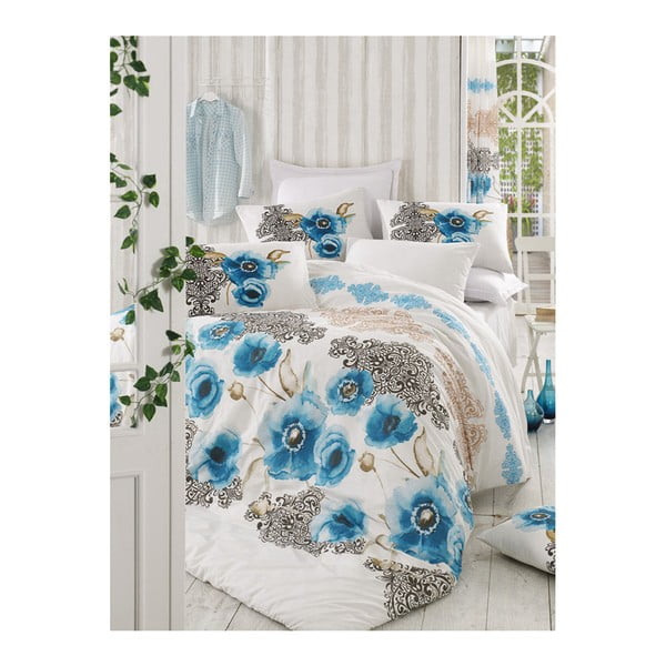 Zilā un baltā divvietīgā gultasveļa ar pārklāju Merve, 200 x 220 cm