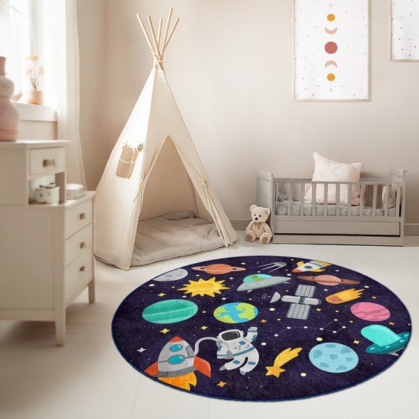 Tumši zils mazgājams bērnu rotaļu paklājs ø120 cm Into The Space – Mila Home-image-1