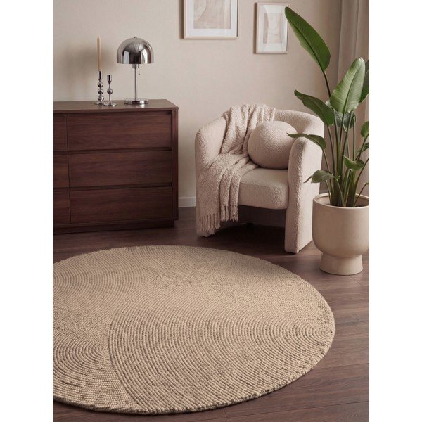 Bēšs ar rokām darināts vilnas apaļš paklājs ø 200 cm Calmio – Hanse Home-image-1