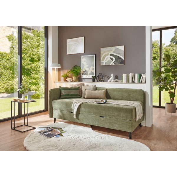 Zaļa polsterēta vienvietīga gulta ar veļas kasti 120x200 cm Kiruna – Meise Möbel-image-1