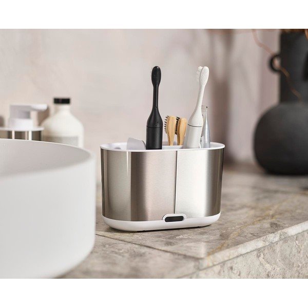 Sudraba krāsas nerūsējošā tērauda zobu birstes statīvs Duo Steel – Joseph Joseph-image-1