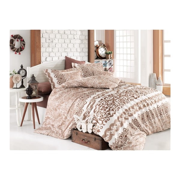 Kokvilnas satīna gultasveļa ar palagu divguļamai gultai Luna Cream, 200 x 220 cm