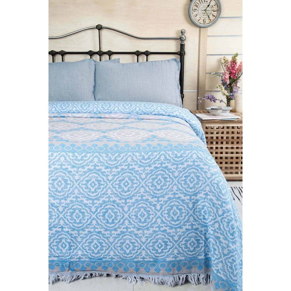 Zils kokvilnas gultas pārklājs divguļamai gultai 215x240 cm Lenna – Mijolnir