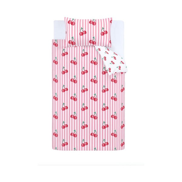 Balta/rozā vienguļamā gultas veļa 135x200 cm Disco Cherries Stripes – Catherine Lansfield