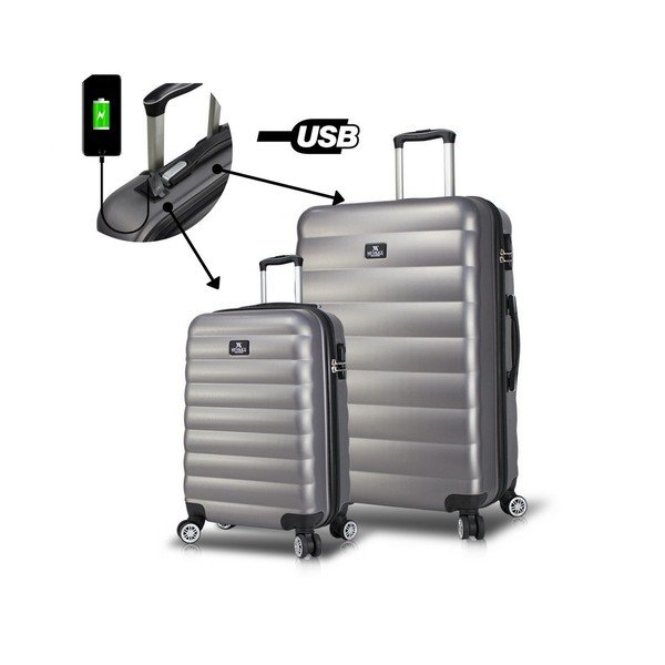 2 pelēku ceļojuma koferu komplekts uz riteņiem ar USB pieslēgvietām My Valice RESSNO Cabin & Large-image-2
