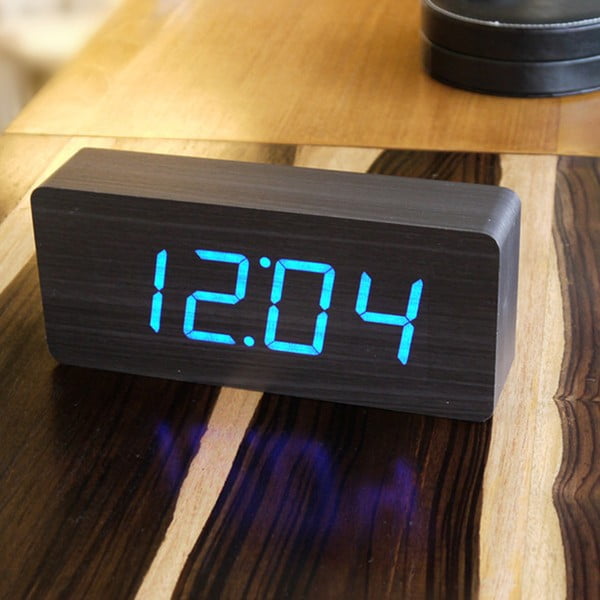 Melns modinātājs ar zilu LED displeju Gingko Slab Click Clock-image-1