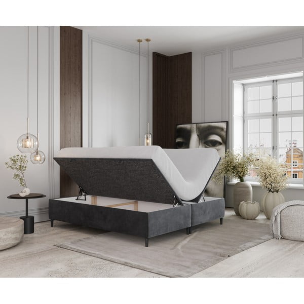 Antracīta pelēka polsterēta divvietīga gulta ar veļas kasti 180x200 cm Tate – Maison de Rêve-image-2