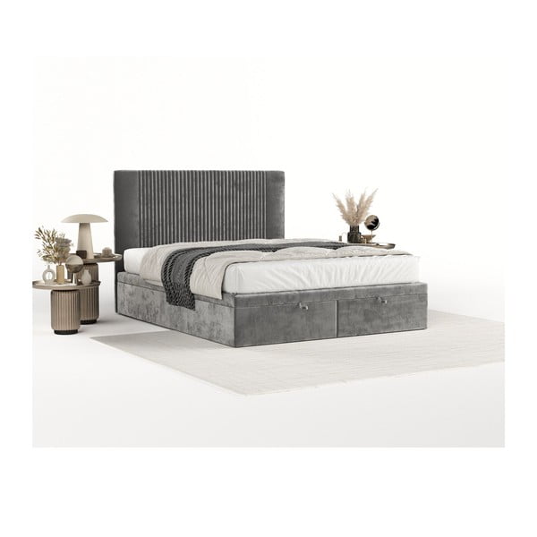 Pelēka polsterēta divvietīga gulta ar veļas kasti 180x200 cm Mavel – Maison de Rêve-image-2