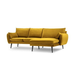 Dzeltens samta stūra dīvāns ar melnām kājām Kooko Home Lento, labais stūris