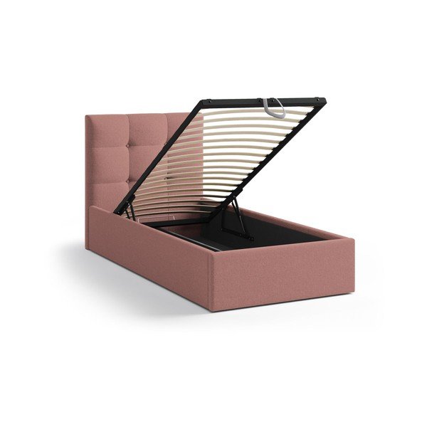 Rozā polsterēta vienvietīga gulta ar veļas kasti un redelēm 90x200 cm Phaedra – Micadoni -image-1