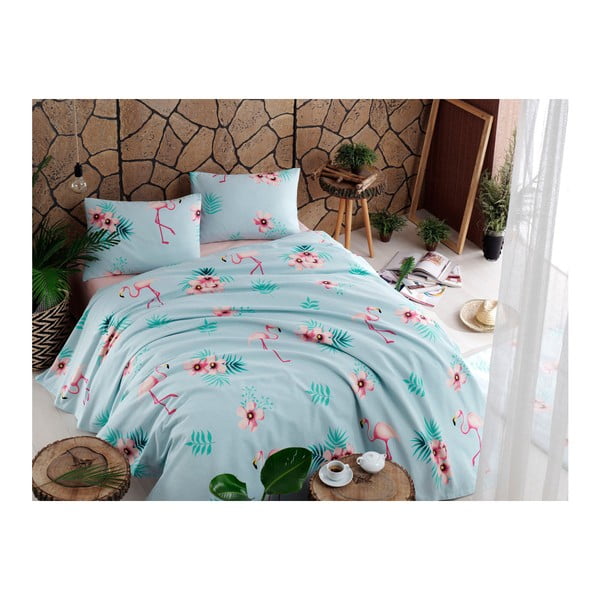 Kokvilnas gultas pārklāja, gultasveļas un 2 spilvendrānu pārvalku komplekts Flamenco Mint, 200 x 235 cm