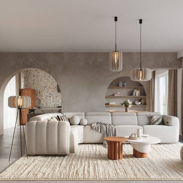 Bēša metāla piekaramā lampa ar auduma abažūru ø 45 cm Elom – Sollux-image-3