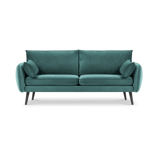 Zilganzaļš samta dīvāns ar melnām kājām Kooko Home Lento, 198 cm