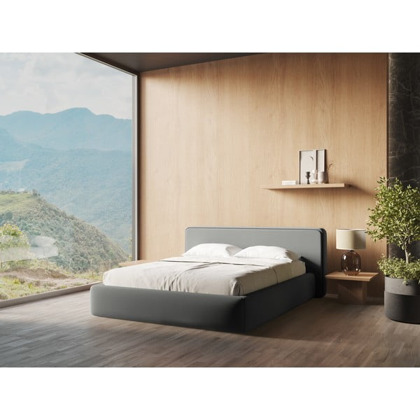 Pelēka polsterēta divvietīga gulta ar veļas kasti un redelēm 160x200 cm Kiana – Makamii-image-1