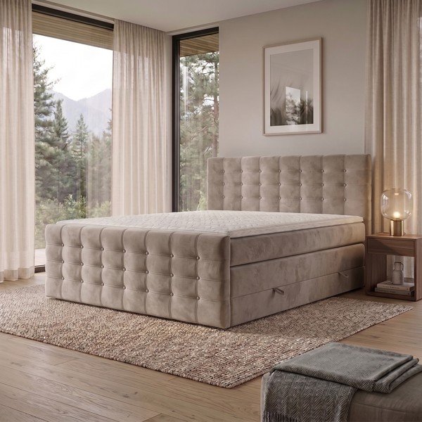 Bēša atsperu gulta ar veļas kasti 200x200 cm Blend – Maison de Rêve-image-1