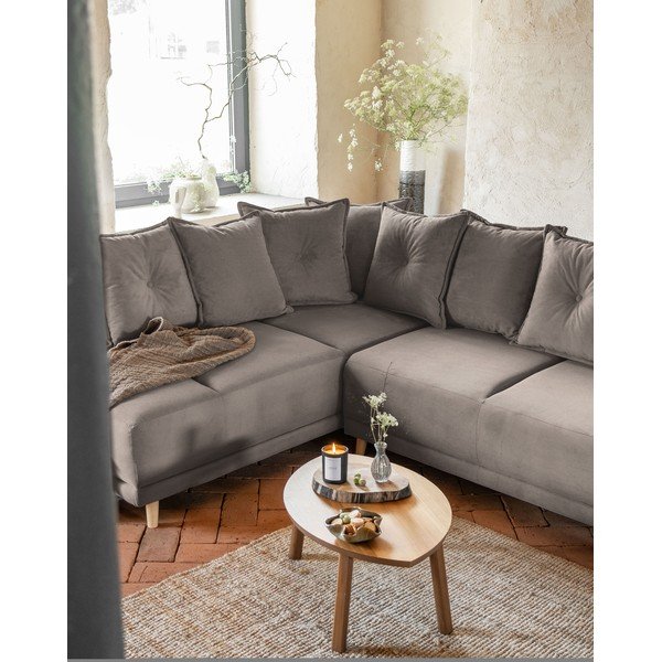 Gaiši brūns velveta salokāms stūra dīvāns (ar kreiso stūri/U veida) Lazy Lukka – Miuform-image-3