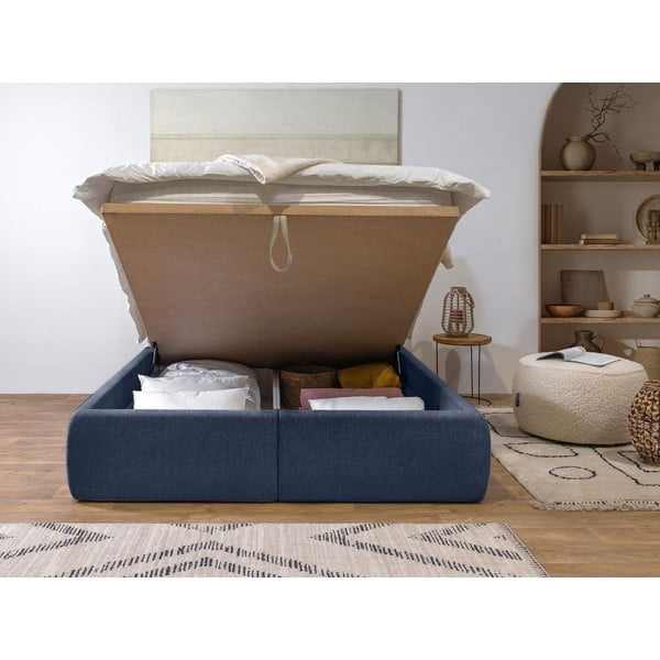Tumši zila polsterēta divvietīga gulta ar veļas kasti un redelēm 160x200 cm Garance – Bobochic Paris-image-3
