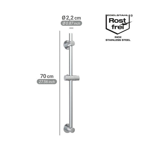 Spīdīgas sudraba krāsas nerūsējošā tērauda dušas stienis ar uzstādīšanu bez urbšanas un ar bīdāmu turētāju 70 cm – Wenko-image-4