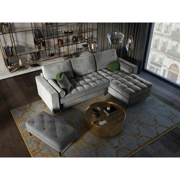 Gaiši pelēks samta izvelkamais stūra dīvāns ar veļas kasti Milo Casa Santo, labais stūris-image-1