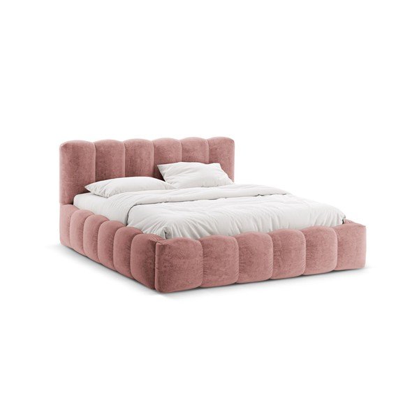 Rozā polsterēta divvietīga gulta ar veļas kasti ar redelēm 160x200 cm Lupine – Micadoni 