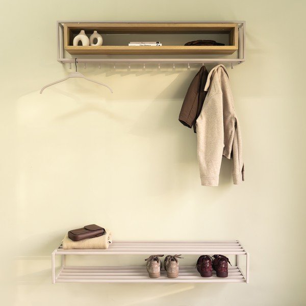 Dabīga toņa/pelēkbrūns ozola masīvkoka sienas pakaramais ar plauktu 118 cm School – Spinder Design-image-2