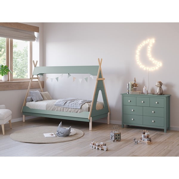 Zaļganzila priedes masīvkoka bērnu gulta mājas formā 90x190 cm Nora – Marckeric-image-1
