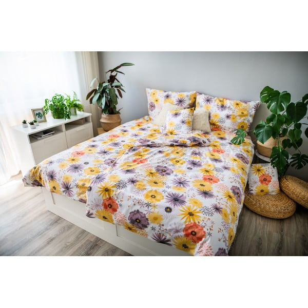 Dzeltena/balta kokvilnas gultas veļa vienvietīgai gultai 140x200 cm LP Dita Daisy – Cotton House