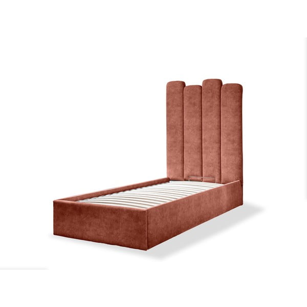Ķieģeļu sarkana mīksta vienvietīga gulta ar uzglabāšanas vietu un režģi 90x200 cm Dreamy Aurora – Miuform