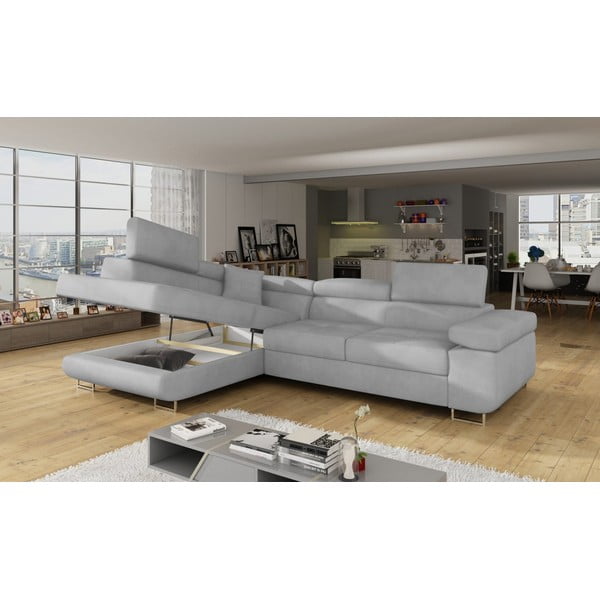 Gaiši pelēks samta salokāms/ar uzglabāšanas vietu stūra dīvāns (ar kreiso stūri/L veida) Anton – ELTAP-image-4