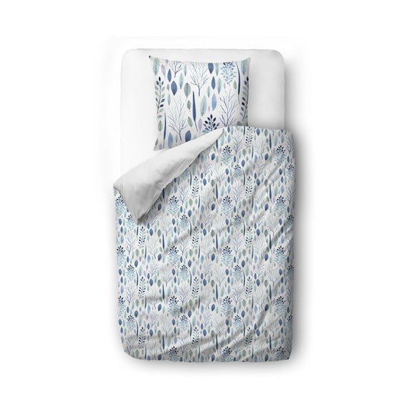Balta/zila kokvilnas satīna vienvietīga gultas veļa 140x200 cm Blue Winter Floral – Butter Kings