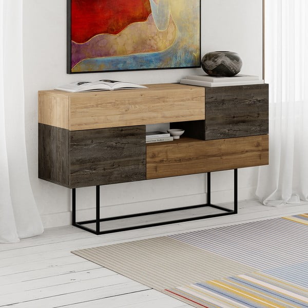 Brūna/dabīga toņa zema kumode ar ozolkoka imitāciju 145x82 cm Titan – Marckeric-image-3